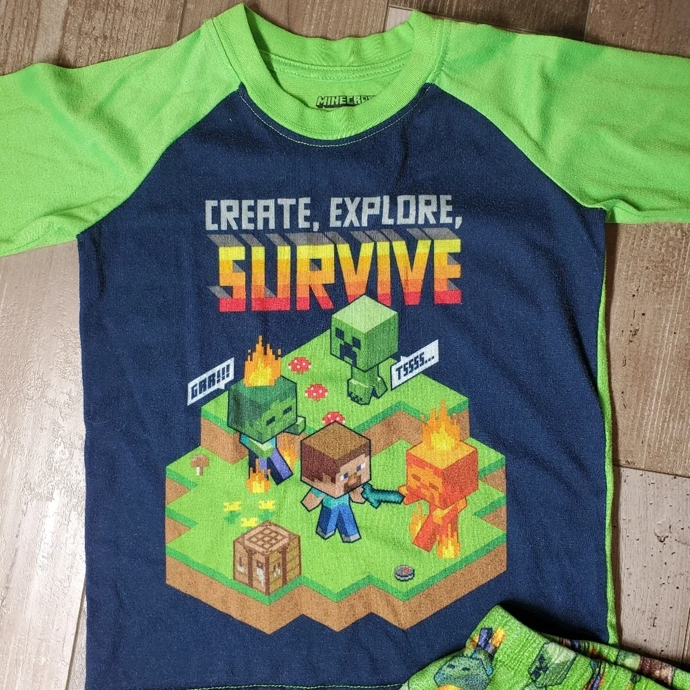 Minecraft Boys Size 4/5 Green 2pc Fleece Matching Pajama Pj Set EUC